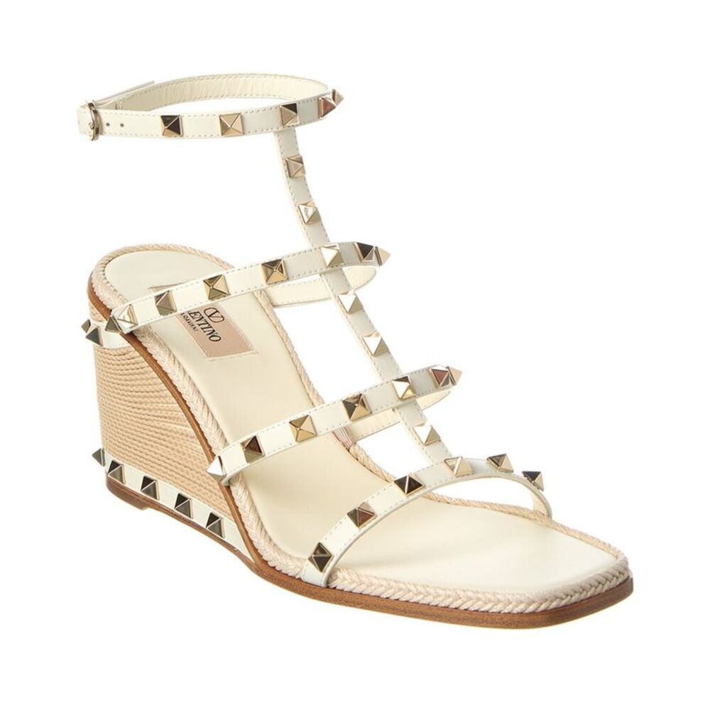 Valentino Rockstud Caged 90 Leather Ankle Strap Wedge Sandal, White